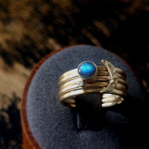 Solid Gold Textured Moon Labradorite & Diamond Stacking Rings Solid Gold Textured Moon Labradorite & Diamond Stacking Rings