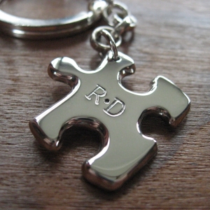 Silver Puzzle Piece Keychain Keyring with Initials Silver Puzzle Piece Keychain Keyring with Initials