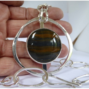 Blue Tigers Eye silver statement pendant OOAK handmade chain artisan metalwork Blue Tigers Eye silver statement pendant OOAK handmade chain artisan metalwork