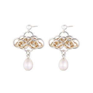 "Nymph Pearl" gold & silver chainmaille earrings "Nymph Pearl" gold & silver chainmaille earrings
