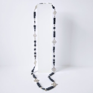 Silver & Black Onyx Beaded Quatrefoil Matinee Necklace Silver and Black Onyx Beaded Quatrefoil Matinee Necklace - silver and black necklace on stand against light grey background