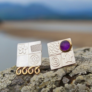 Amethyst ear studs,  handmade earrings, contemporary, mismatching ear studs Amethyst ear studs,  handmade earrings, contemporary, mismatching ear studs