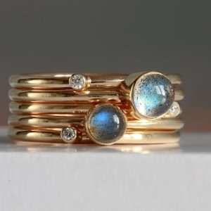Solid Gold Labradorite & Diamond Galaxy Stacking Ring Set