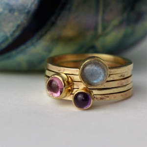 Solid Gold Labradorite, Pink Tourmaline and Amethyst blossom Stacking Rings
