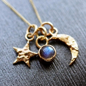 Solid Gold Star Labradorite and Moon Universe Charm Necklace