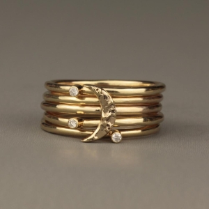 Solid Gold Textured Moon & Diamond Stacking Rings