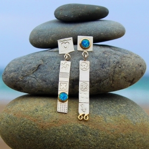 Silver stud drop earrings, handmade opal contemporary earrings, dangle earringsgemstone
