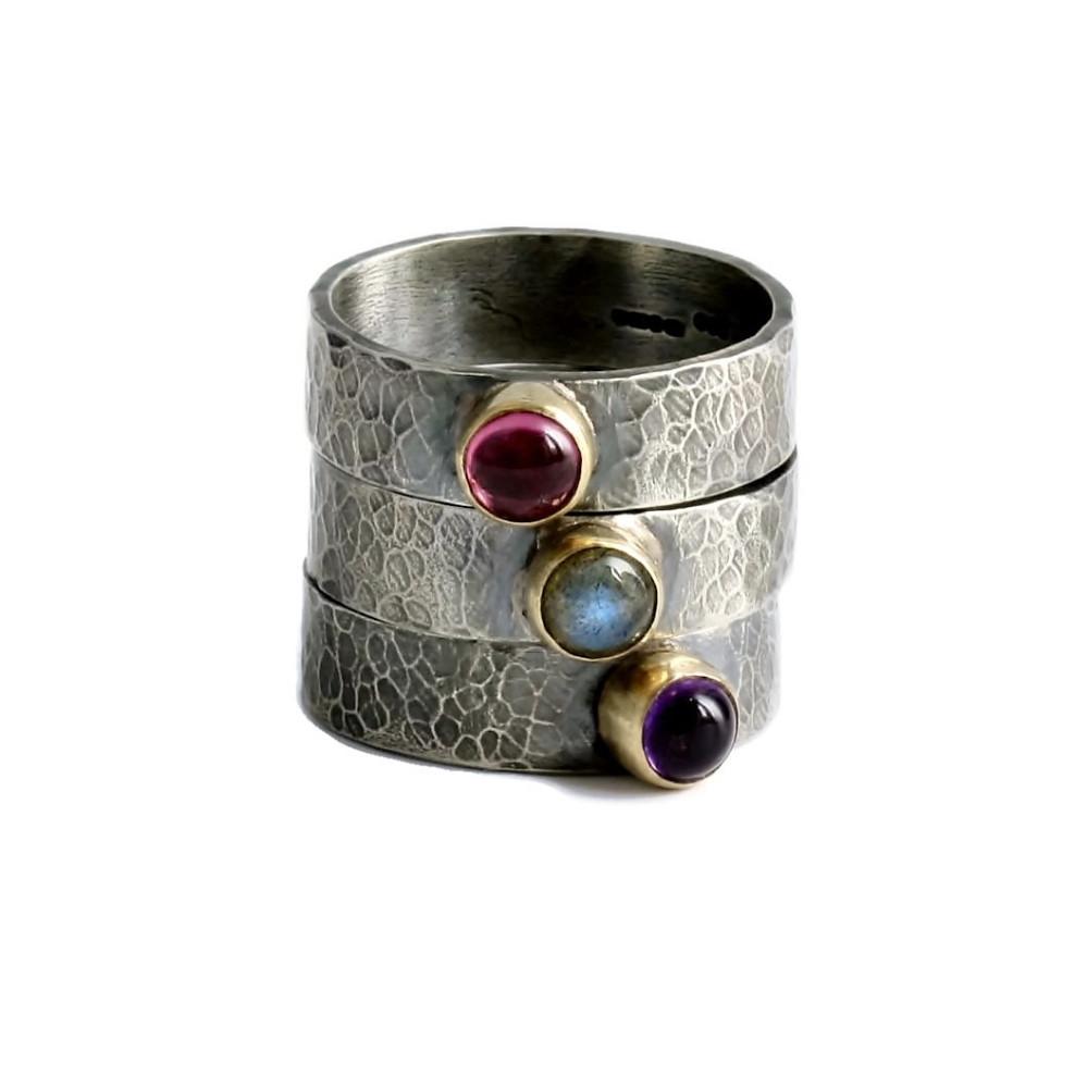 Labradorite Silver And Gold Blossom Wide Ring