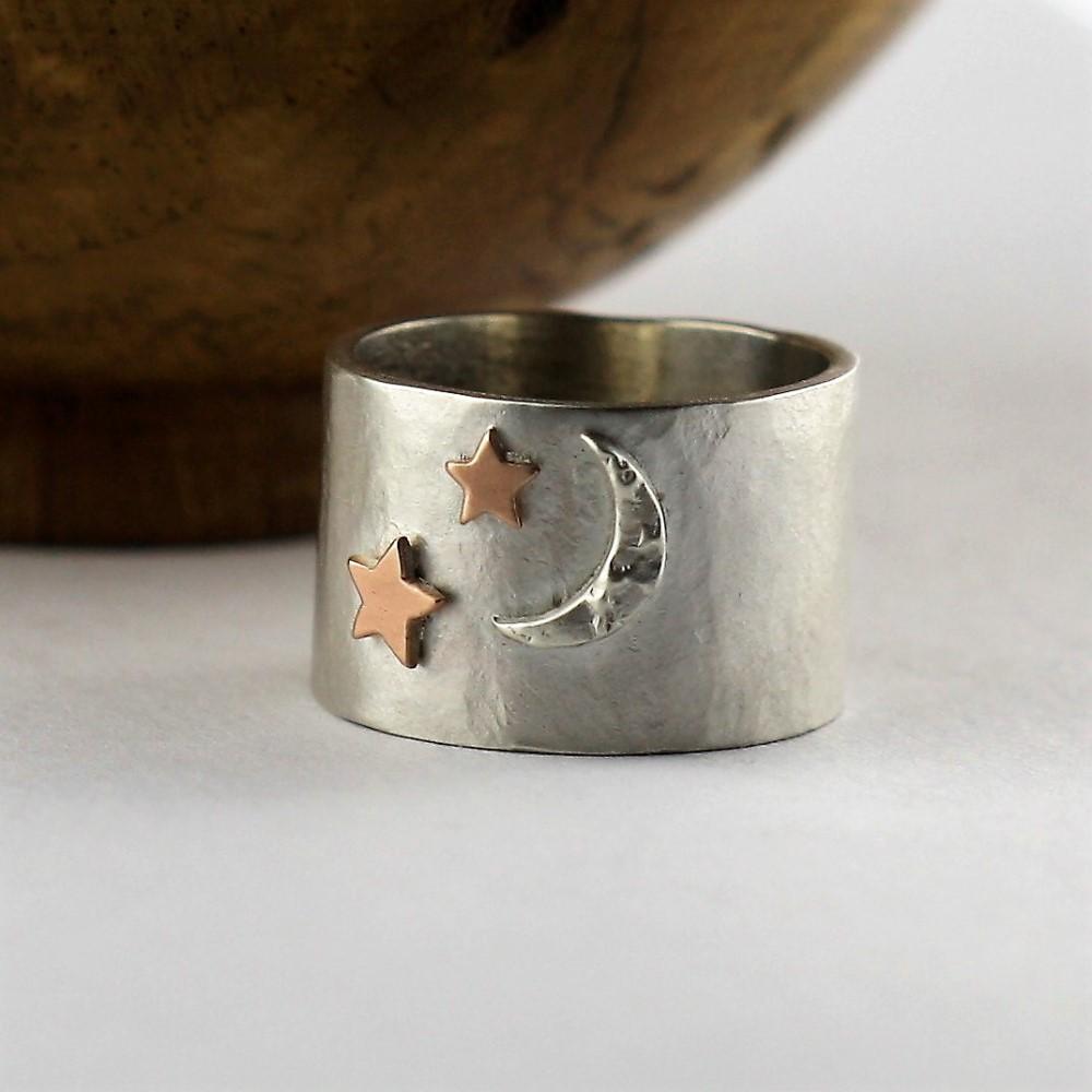 Luna star and moon wide rustic ring