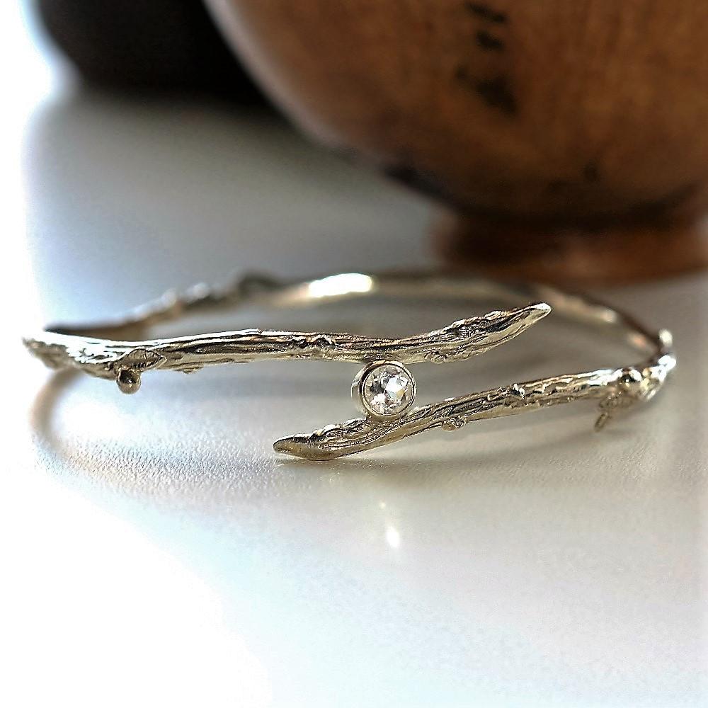 White Topaz Silver Twig Bangle