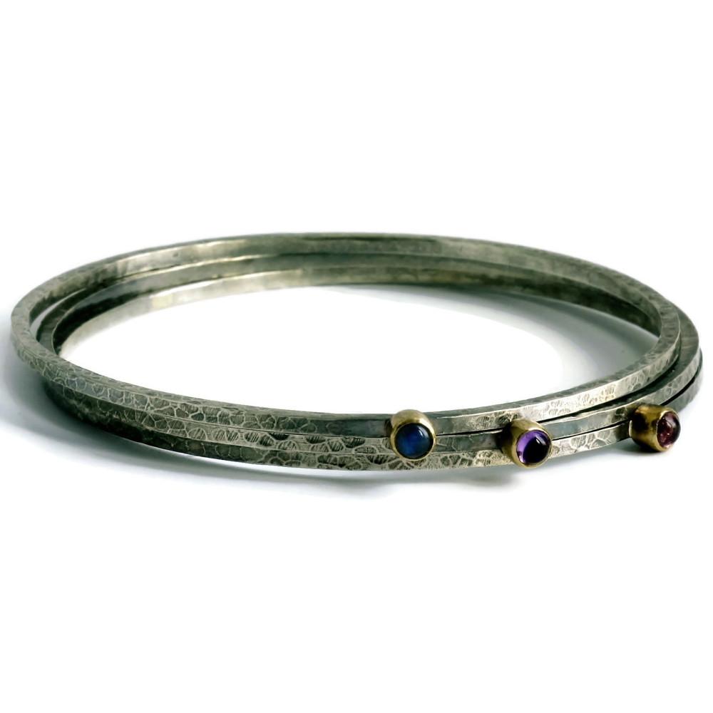 Three blossom gemstone silver and gold stacking bangles (save £80)