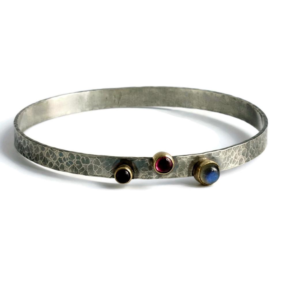 Wide Silver and Gold Gemstone Blossom Rustic Bangle