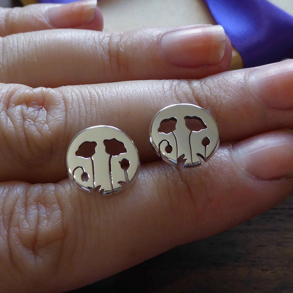 Poppy Flower Silver Earring Studs, Silver Remembrance Day Earrings