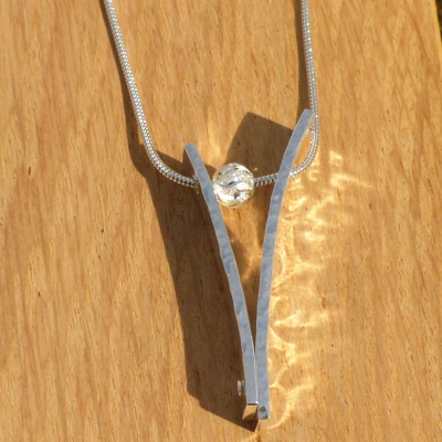 V Shaped Riveted Britannia Silver and Bead Necklace